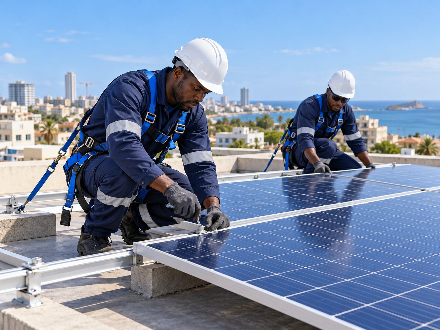 Illustration de techniciens installant des panneaux solaires au Sénégal