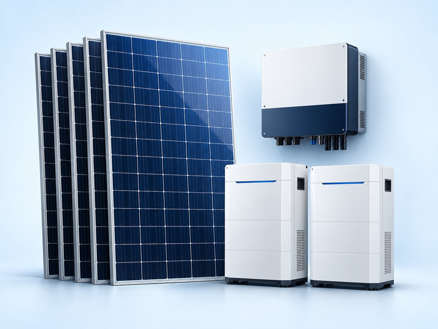 Illustration d’un ensemble de panneaux, onduleur et batteries solaires