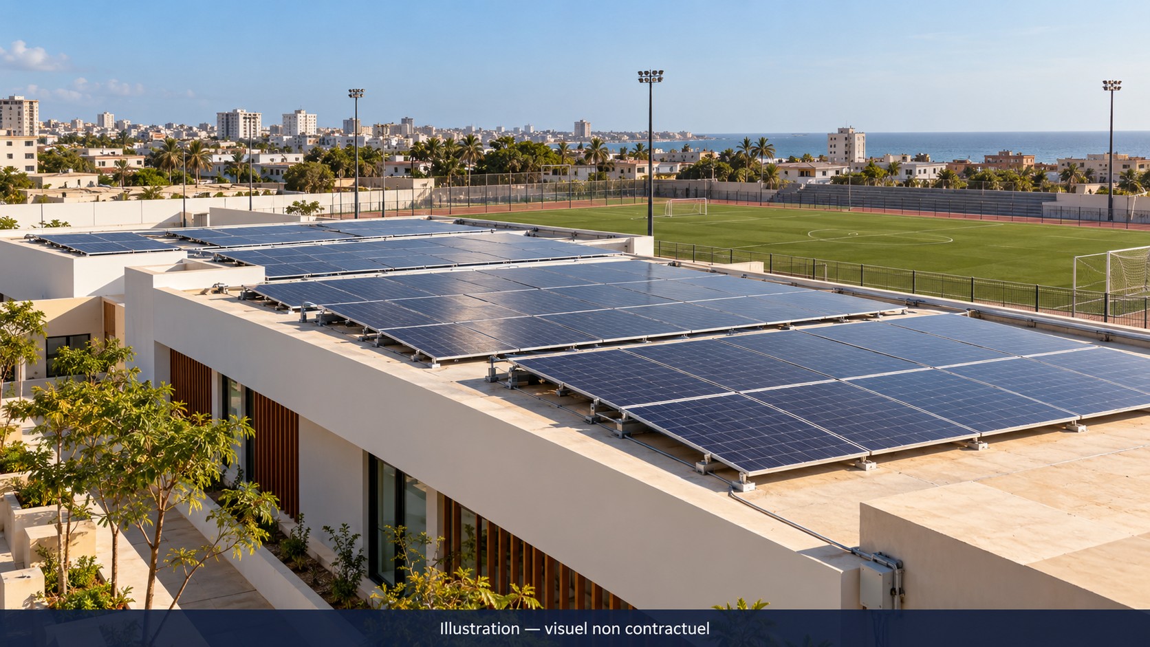 Illustration d’un site sportif équipé de panneaux solaires, sans représentation du site réel