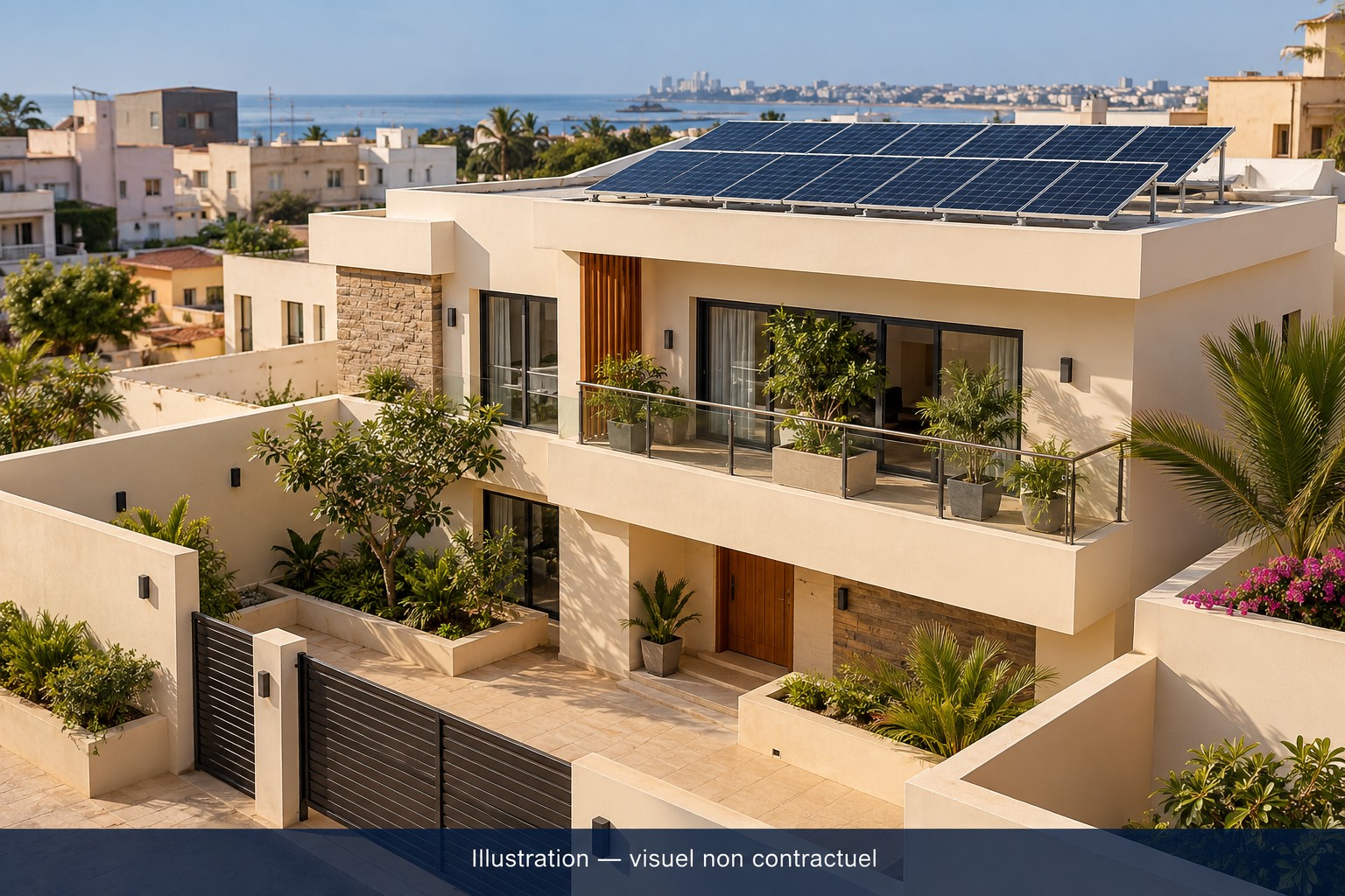 Illustration d’une maison équipée de panneaux solaires, sans représentation d’une habitation cliente