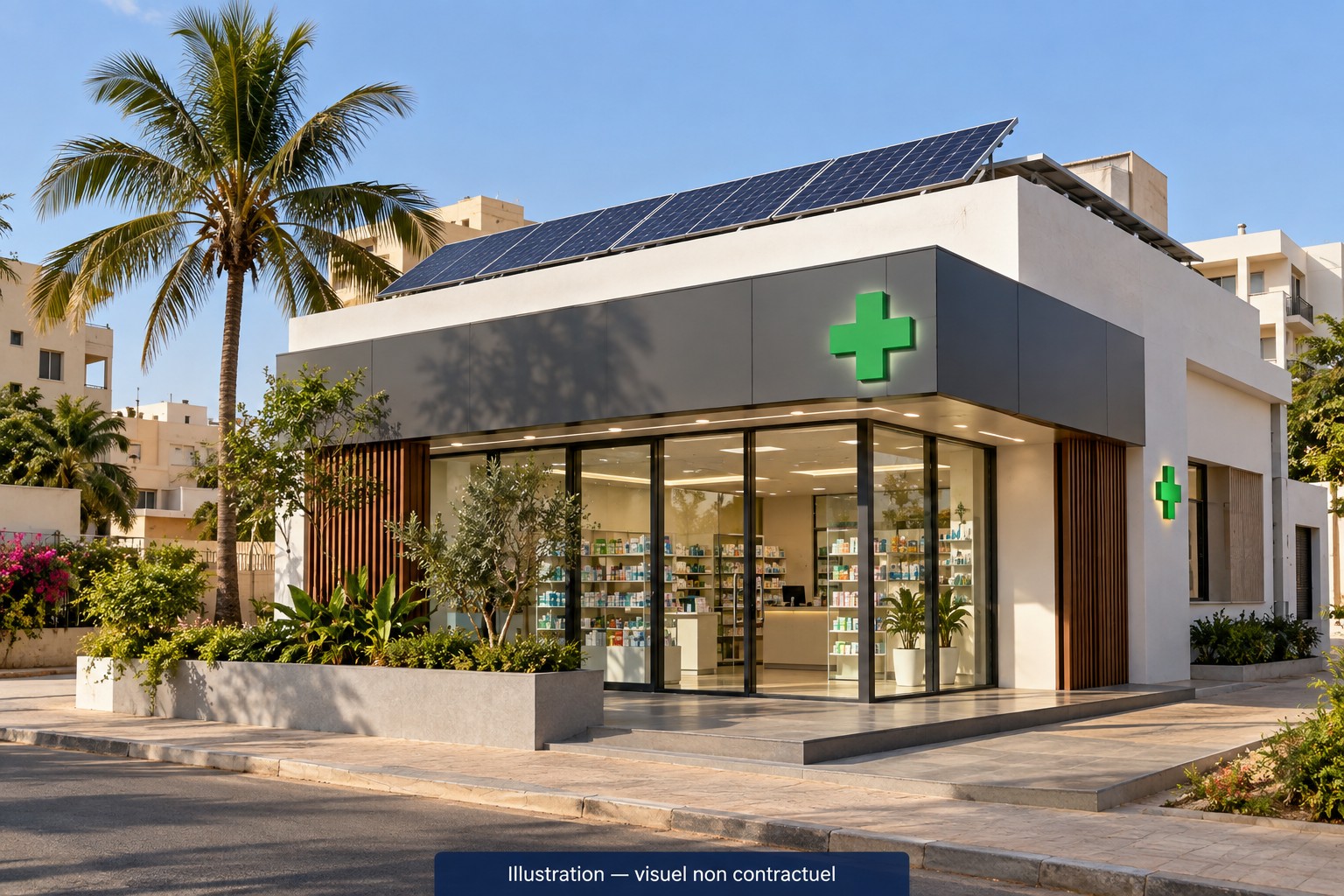 Illustration d’une pharmacie équipée de panneaux solaires, sans représentation du site réel